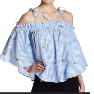 NWT Romeo + Juliet Blue Gingham Sunflower Floral Embroidered Off Shoulder Blouse